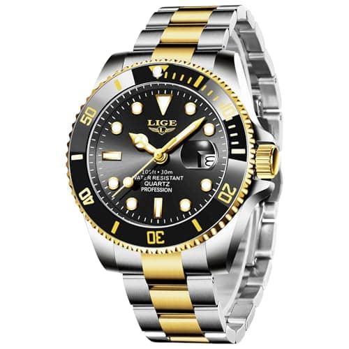 Image of LIGE Mens Watches, Quartz Analogue Watches for Men, Stainless Steel 3ATM Water Resistance, Luminous Hands with Date Function, Classic Simple Style, Casual Fashion Accessories, Glod/Black
