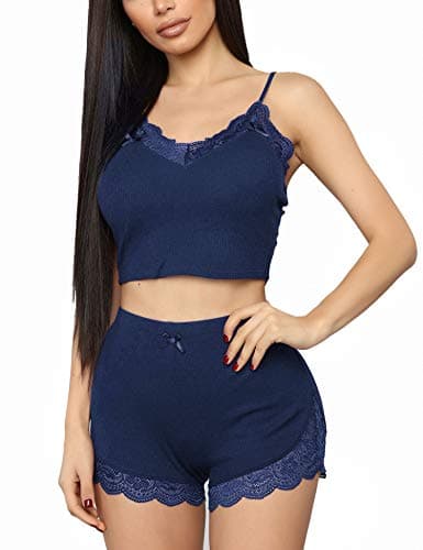 Image of RSLOVE Women's Pyjama Sets Sexy Sleepwear Summer Pjs for Ladies Lace Cami with Short Pants Nightwear Blue XXL