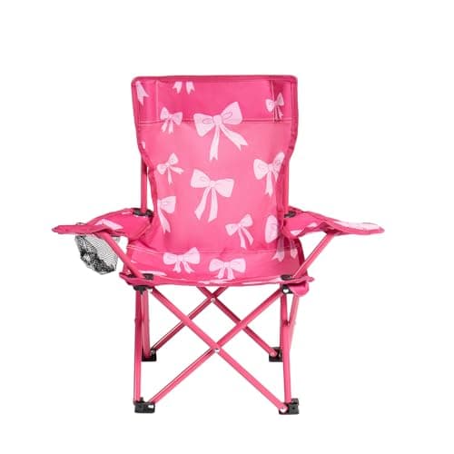 Image of OHS Pink Bow Kids Camping Chair, Kids Garden Chair with Drinks Cup Holder Lightweight Compact Comfy Steel Frame Kids Garden Furniture Folding Chairs Perfect for Camping Trips Beach