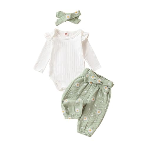 Image of L&ieserram Baby Girl 3Pcs Cute Little Daisy Outfit Set White Long Sleeve Ruffle Bodysuit Top Daisy Print Belted Pants Headband Set 0-24 Months (Green, 12-18 Months)