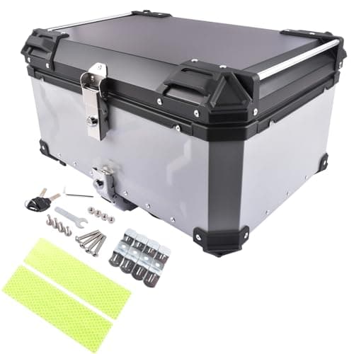 Image of GELUOXI 65L Aluminum Capacity Motorcycle Rear Box Universal Motorbike Top Case Scooter Luggage Storage Tour Tail Box Waterproof Motorcycle Top Case with Security Lock for Luggage Storage Silver