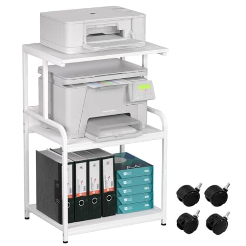 Image of 3-Tier Printer Stand, Large Printer Table on Wheels, Movable Printer Stand with Storage, Rolling Printer Cart for Fax Scanner Files Media Player, Multifunctional Trolley for Office Home Kitchen, White