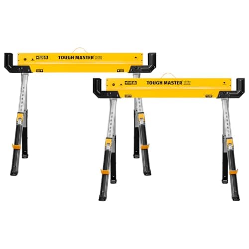 Image of TOUGH MASTER Saw Horse 9-Position Height Adjustable Heavy Duty Steel Workbench 62-82cm Supports up to 590 kg Folding Saw Anti-Slip Top & Handle Sawhorse for Contractors, Carpenters, DIY (2)