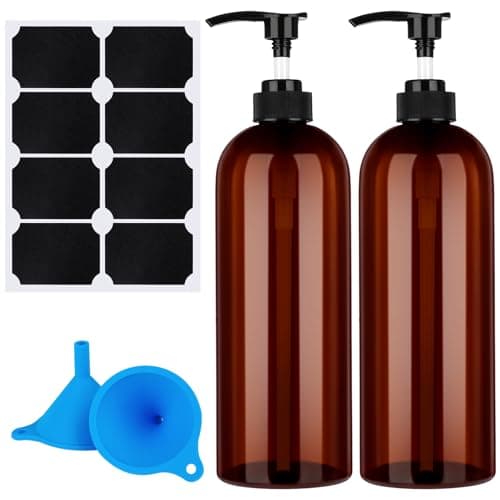 Image of Partideal Pump Bottle Dispenser, 2 Pcs 1000ml/35.2oz Refillable Empty Plastic Amber Bottles with Funnel and Label for Lotions, Shampoo, Conditioner