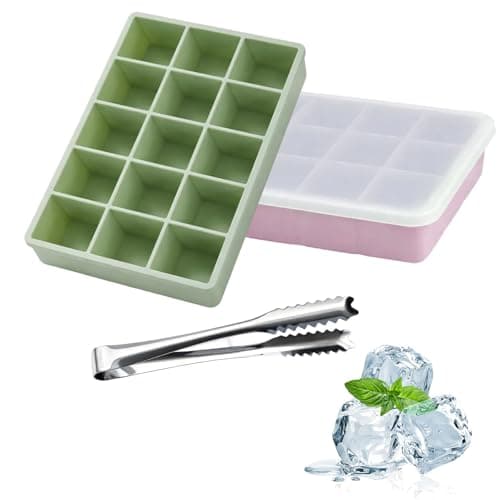 Image of Silicone Ice Cube Tray with Lid, 2-Piece 15-Cavity Ice Cube Moulds Set with Ice Tongs, Reusable Freezer Trays for Cocktails and Beverages, 17.3 x 12 x 3 cm Dimensions