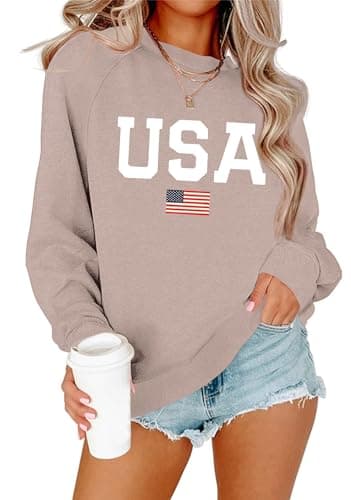 Image of Lacozy Womens USA Sweatshirt American Flag Oversized Graph Letter Pullover Crewneck Long Sleeve Loose Fit Tees Clothes, Coffee, Large