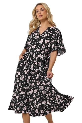 Image of Yours Curve Ditsy Half Placket Midi Dress - Women's - Plus Size Curve Black