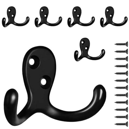 Image of PAIDASHU 6 Pack Coat Hooks Wall Hooks for Hanging, Heavy Duty Double Prong Metal Hook Wall Mounted for Living Room, Bathroom, Kitchen, Bedroom for Coat, Bag, Scarf, Towel, Hat, Key, Cup (Black)