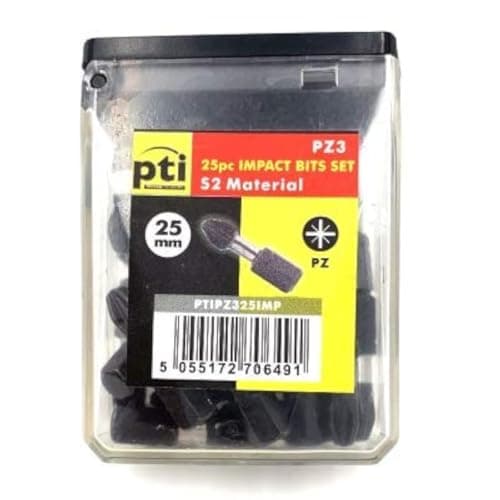 Image of PTI 25pc Pozi PZ3 X 25MM Impact Screwdriver Bits Set Single Ended PoziDriv POZI No.3 Heavy Duty Including Storage Box
