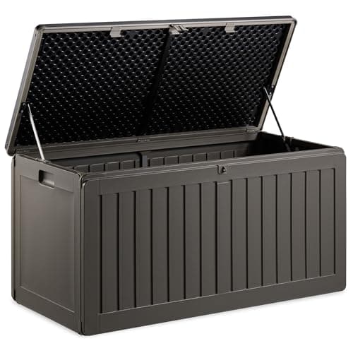 Image of VonHaus Garden Storage Box 270L – Outdoor Utility Chest Organiser – Weatherproof Plastic, Lockable Lid, Sliding Bar Hinge, Carry Handles, Portable – For Garden, Patio, Balcony, Decking – Grey, Black