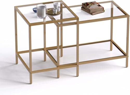 Image of Huhote Nesting Tables, Set of 2 End Table, Coffee Tables, Side Table with Metal Frame for Living Room/Bedroom/Balcony/Office/Apartment, Diameter 60/40 cm (Gold Frame, Glass Top)