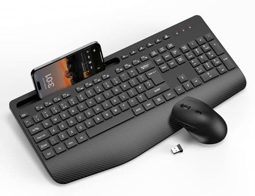 Image of Wireless Keyboard and Mouse Combo, Full-Size Ergonomic Keyboard with Wrist Rest, Phone Holder, Sleep Mode, Silent 2.4GHz Cordless Set for Computer, Laptop, PC, Mac, Windows (Black) - KM23