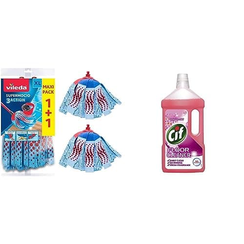 Image of Vileda SuperMocio 3Action XL Mop Refill, Pack of 2 SuperMocio 3 Action Mop Head Replacements & Cif Floor Cleaner, Wild Orchid, 950 ml (Pack of 1)