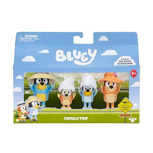 Image of moose toys Bluey Figure 4-Packs, Family Trip, 2.5 Inch Poseable Figures of Bluey, Bingo, Bandit and Chilli, With Accessories,