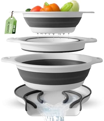 Image of Gevoli Collapsible Colanders (3 Pack Set) Food Strainers with Over-Sink Water Draining Base for Pasta Fruits and Vegetables (Patent Pending) White (3 Sizes, 3QT, 4QT and 5 Quart)
