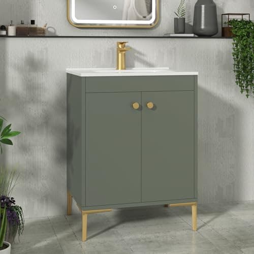 Image of Royal Bathrooms Verona 600mm Floor Standing Vanity Unit Ceramic Basin 2 Door Cabinet Furniture Matt Green with Brushed Brass Knob