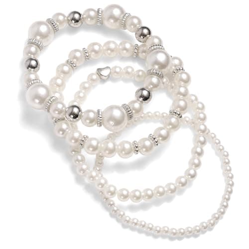 Image of Mikovivi 4pcs Pearl Bracelets for Women, Multilayered White Simulated Pearl Beaded Bracelet Set Stackable Stretchy Dainty Bridal Jewelry with Heart Charms for Wedding Birthday Party (Silver)