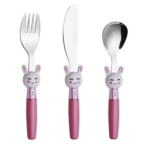 Image of Exzact Children's Cutlery Stainless Steel 3pcs Set/Kids Cutlery/Toddler Utensils/Flatware - 1 x Fork, 1 x Safe Dinner Knife, 1 x Dinner Spoon (Rabbit x 3)