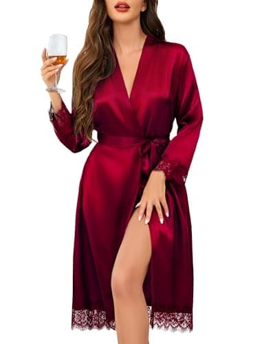 Image of Lovasy Silk Dressing Gown for Women UK Long Lace Trim Satin Robe Summer Ladies Kimono Morning Dressing Gowns Lightweight Bride Bridesmaid Silk Robe Wedding Party Sleepwear,Purplish Red,M