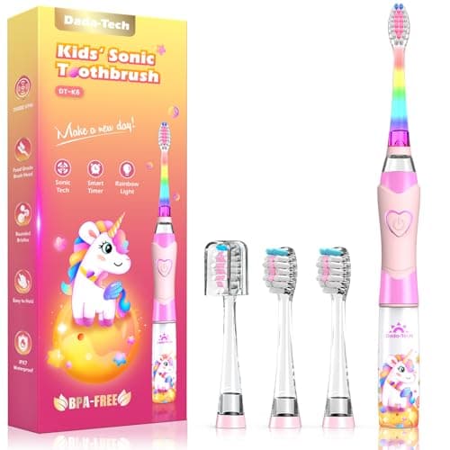 Image of Kids Electric Toothbrush 3-5-6-12, Toddler Toothbrush Girls Electric Toothbrush with Timer Rainbow LED Light Up Sonic Battery Powered Junior Childrens Tooth Brush (Unicorn Pink)
