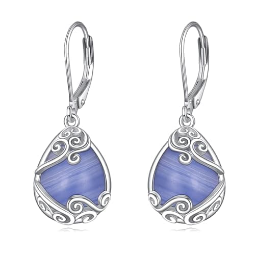 Image of Blue Lace Agate Filigree Drop Dangle Teardrop Earrings 925 Sterling Silver Blue Lace Agate Leverback Earrings for Women Jewellery Gifts