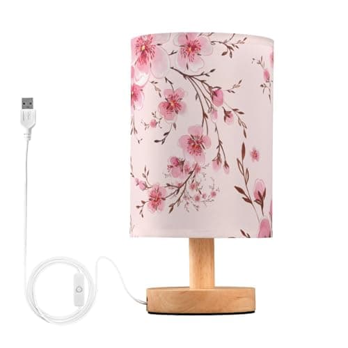 Image of Mnsruu Bedside Table Lamp Pink Cherry Blossom Flowers Bedside Lamps LED Light Desk Lamp Fabric Shade Small Lamp for Bedroom Living Room (Bulb Included)