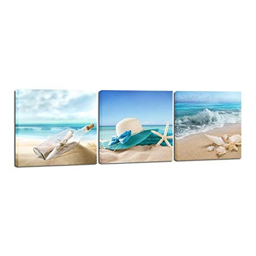 Image of Wieco Art 3 Panels Starfish Seashell Bottle Beach Pictures on Canvas Wall Art Modern Seascape Stretched and Framed Canvas Prints Seaview Landscape Artwork for Bedroom Home Office Decorations