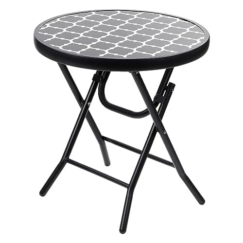 Image of Taylor & Brown 48cm Folding Drinks Side Table, Foldable Coffee Table, Outdoor Garden Table, Small Round Patio Table - Black with Tempered Lattice Design Glass Top - 46x46x48cm