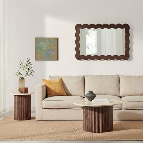 Image of Furniturebox UK Coffee Table, 'Penrose' Walnut & Cream Marble Effect 80cm Round Wooden Pedestal Coffee Table, Melamine Veneer, Slatted Pillar Leg Modern Scandi Japanese Style Living Room Furniture