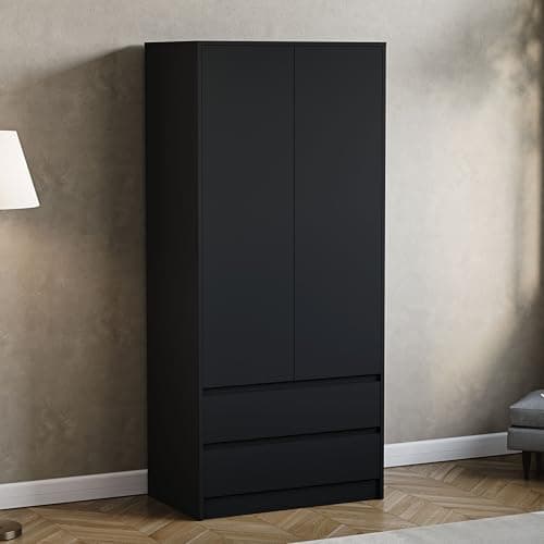 Image of Vida Designs Denver 2 Door & 2 Drawer Wardrobe | Black | Bedroom Furniture | 174H x 76W x 53D cm | with Spacious Drawers & Hanging Rail | Large Capacity Storage