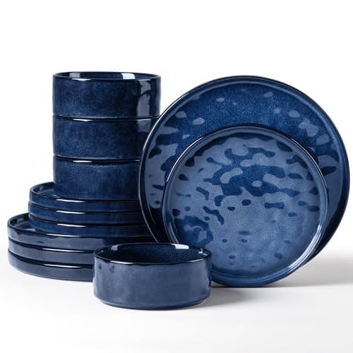 Image of Herogo 12 Piece Dinner Set, Stoneware Dinnerware Sets for 4 People, Reactive Glaze Dining Plates and Bowls, Microwave and Dishwasher Safe, Chip and Scratch Resistant, Nebulas Blue