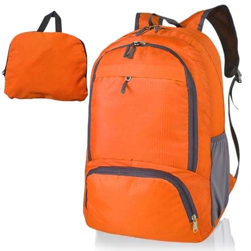 Image of FENGZIZH Foldable Lightweight Travel Backpack, 30L Waterproof Rucksack for Men and Women, Durable Daypack for Hiking, Camping and Outdoor Adventures (Orange)