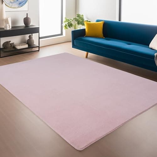 Image of Snuggly Plain Living Room Area Rug Super Soft Polyester Rug Cut Pile Anti-Slip Backing Machine Washable Modern Rug for Living Room Bedroom Hallway 9 Colours- Baby Pink- 60 x 100 cm (Rectangular)