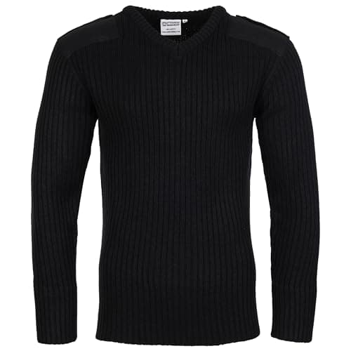 Image of Fort - V-Neck Combat Jumper - Size Medium, Black - Heavyweight Military-Style Knitted Sweater with Epaulettes, Elbow & Shoulder Patches - 100% Acrylic Workwear Pullover - Smart Work Jumpers for Men