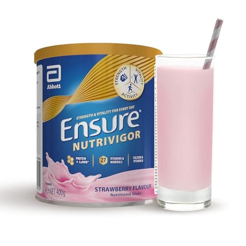 Image of Ensure NutriVigor Nutritional Shake – Strawberry Flavour – 400g – Food Supplement with Protein, HMB & 27 Vitamins & Minerals – Supports Strength, Energy & Immunity – With Vitamin D, C & B