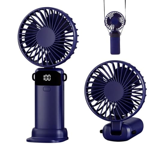 Image of Jumkeet Handheld Fan, Mini Portable Foldable Fan with USB Rechargeable Battery 2600mAh, 5 Speeds Battery Operated Desk Desktop Fan with LED Display & Base for Home Office School Travel Outdoor (Blue)