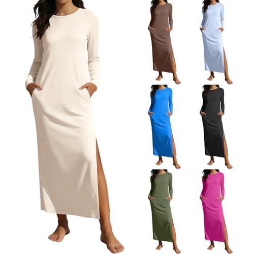 Image of Long Sleeve Dresses for Women UK Round Neck Plain Maxi Dress with Pockets Ladies Casual Loose Long Dresses Beach Holiday Swing Sundress Flowy Loose Plain T Shirt Dress Beige
