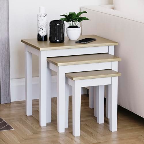 Image of Vida Designs Yorkshire Nest of 3 Tables for Living room, Stacking Side Tables, Sturdy and Easy Assembly (Oak & White)