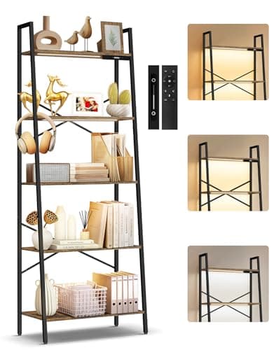 Image of OUTONLIFE 5-Tier Wide Ladder Shelf with LED Lights, Touch & Remote Control, 3 Color Temperatures, Dimmable Tall Corner Standing Bookcase, Metal Wood Display Shelf for Living Room, Bedroom