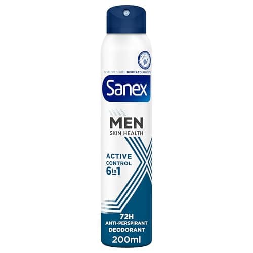Image of Sanex Men Active Control Antiperspirant Deodorant Spray 200ml, 72 hour sweat protection, anti-odour, long-lasting dryness, freshness, gentle on skin, antibacterial, anti-irritation, 0% alcohol*