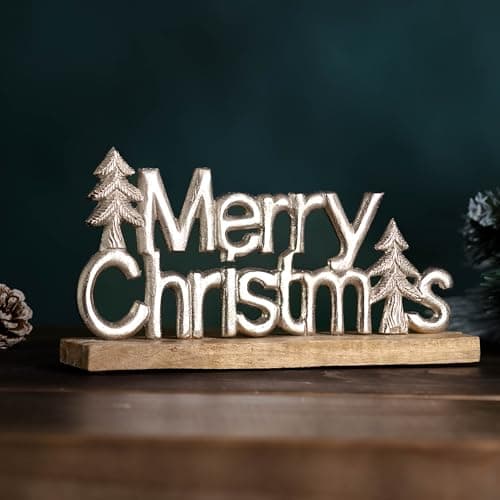 Image of Marco Paul 18cm Metal Large Merry Christmas Sign Decoration - Freestanding Xmas Table Centrepiece - Rustic Christmas Table Decoration, Mantel & Shelf Ornament – Home Decorations & Xmas Gift for Women