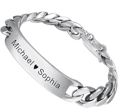 Image of Mr.Gadget's Solutions Personalized ID Bracelet for Men Stainless Steel Cuban Curb Link Chain Custom Engrave Bar Bracelet Bangle With Box as a Gift