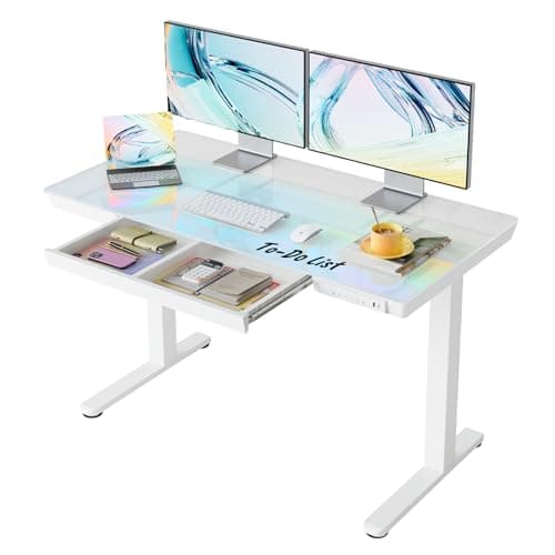 Image of HUANUO ONE PIECE Electric Standing Desk, Height Adjustable Desk with Drawer, 120 x 60cm, Sit Stand Desk with Glass top, USB Charging Ports & 3 Memory Height Settings, Warm White, Home Office