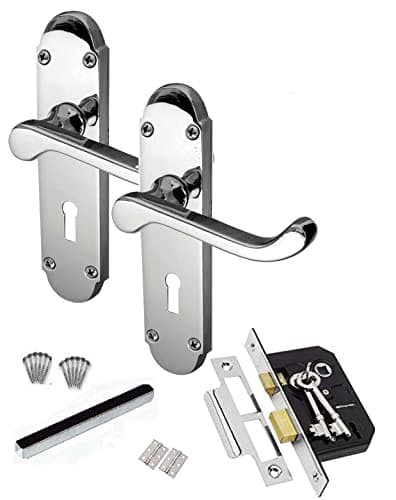 Image of Golden Grace Epsom Design Victorian Scroll Lever Lock Door Handles on Shaped Backplate in Polished Chrome Finish with 3 Lever Lock, 2 Keys & 1 Pair 3" Hinges