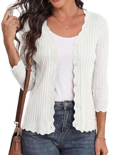 Image of GRECERELLE Cardigans for Women UK 3/4 Sleeve Scalloped Edge Ribbed Knit Ladies Cardigan Lightweight Slim Fit Button Down Women's Cardigans (White, S)