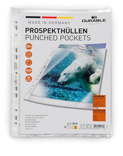 Image of Durable Transparent Punched Pocket A4 Portrait | Punched Document Wallet with Thickness of 0.08mm | Large Pack of 50 Glass Clear Pockets