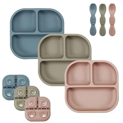 Image of PandaEar 3 Pack Baby Suction Plates for Weaning with Spoons, Silicone Toddler Plates for Childrens Kids, Unbreakable Divided Baby Plate with Suction, Non-Slip, Non-Toxic, BPA Free (Blue Red Brown)