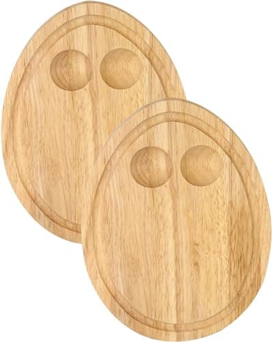 Image of Cole & Bailey® Set of 2 Hevea Wood Breakfast Board Egg Shaped Serving Tray with Egg Holders, Dippy Eggs. 24L x 18W x 1.5Th cm