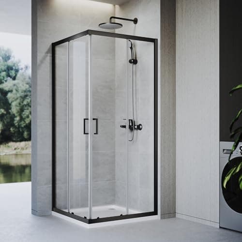 Image of ZANOFIRA 700 x 700mm Black Square Sliding Corner Entry Shower Enclosure Double Sliding Shower Doors 6mm Safety Clear Tempered Glass Reversible for Wet Room Bathroom Shower Cubicle