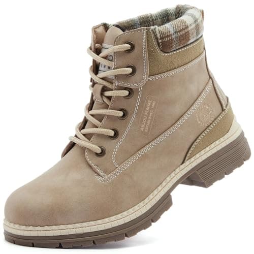 Image of ANJOUFEMME Ladies Walking Hiking Boots Womens Flat Work Ankle Boots Waterproof Trekking Camping Backpacking Outdoor Shoes,Light BEIGE,4.5